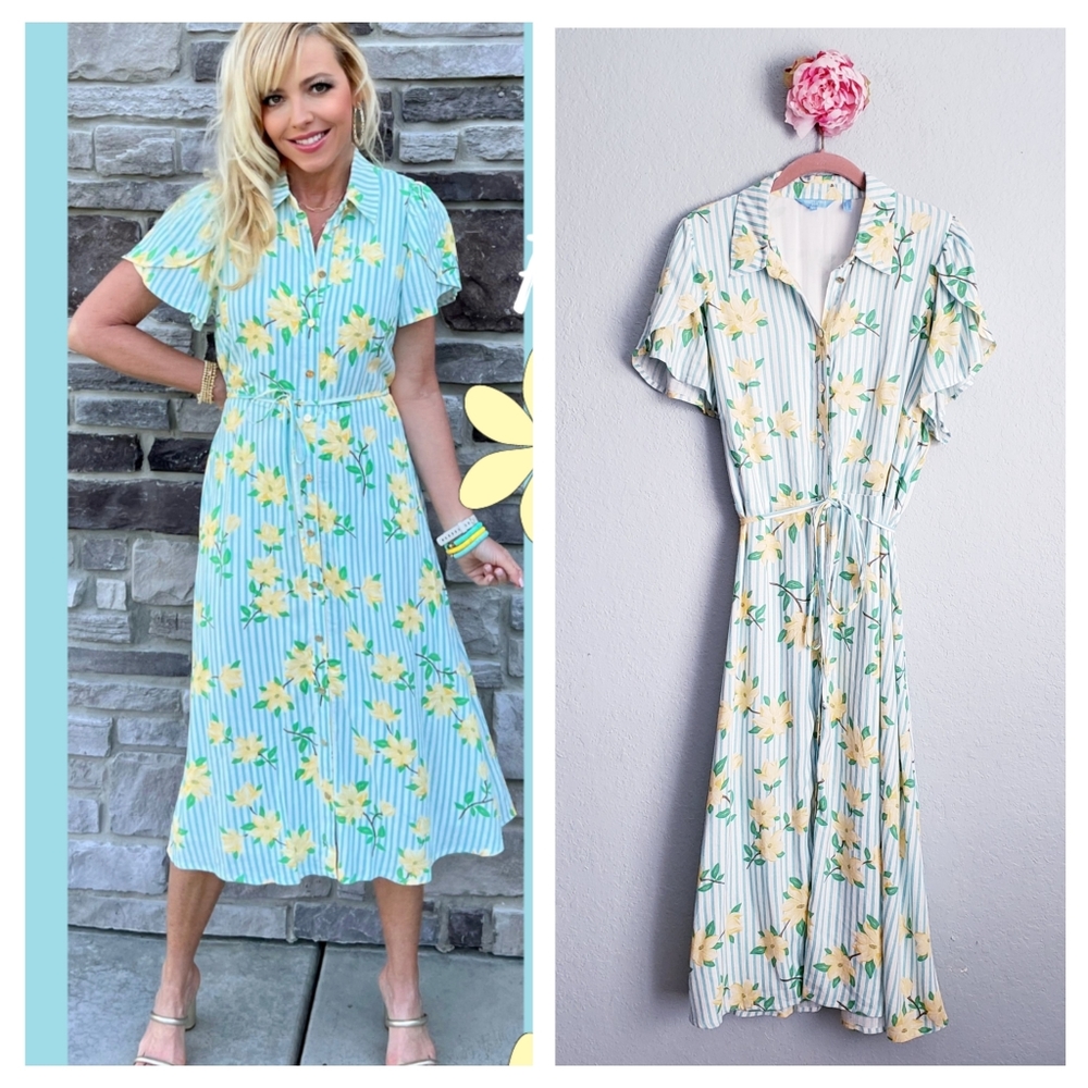 Draper James Blue and Yellow Floral Midi Dress
